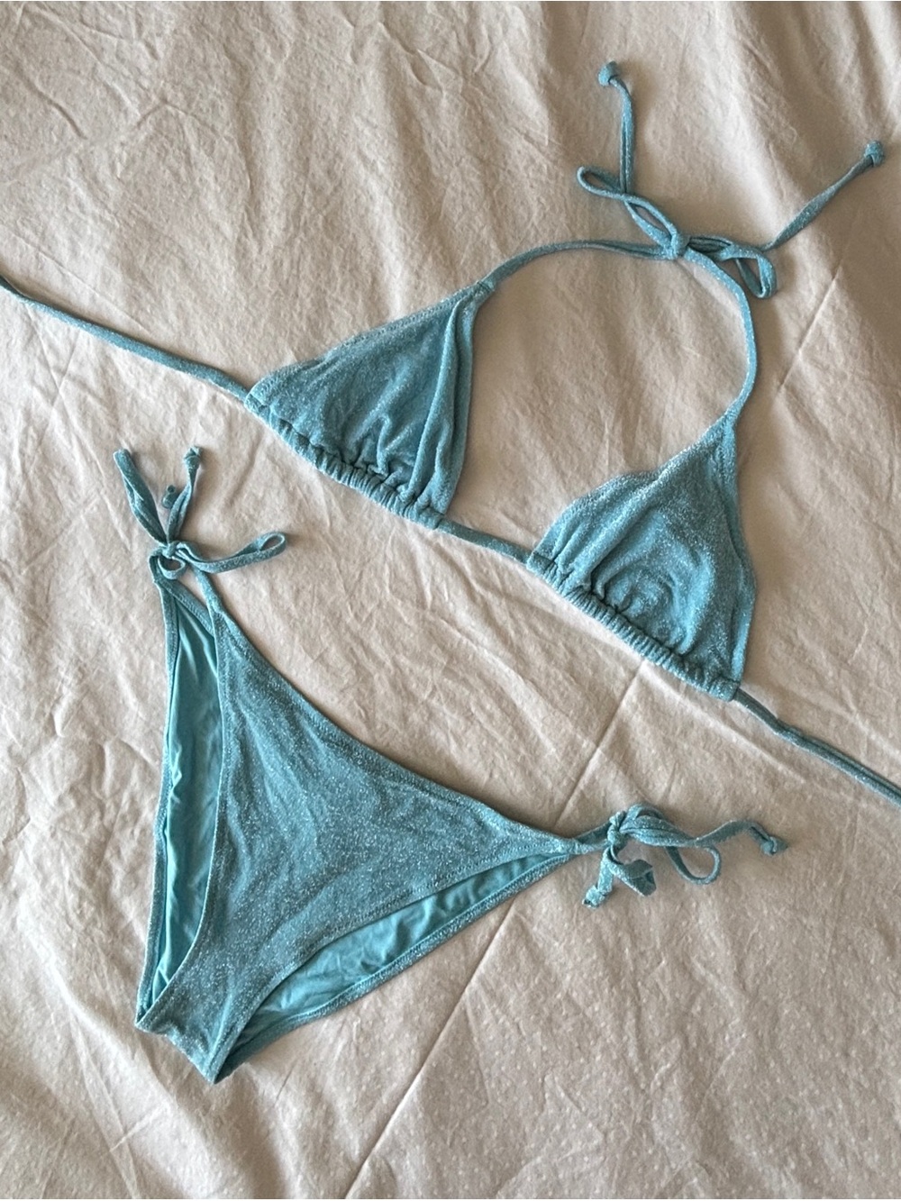 H&M Shimmery Light Aqua Blue Triangle Tie-Side Bikini Set Top 14 Bottom 12
